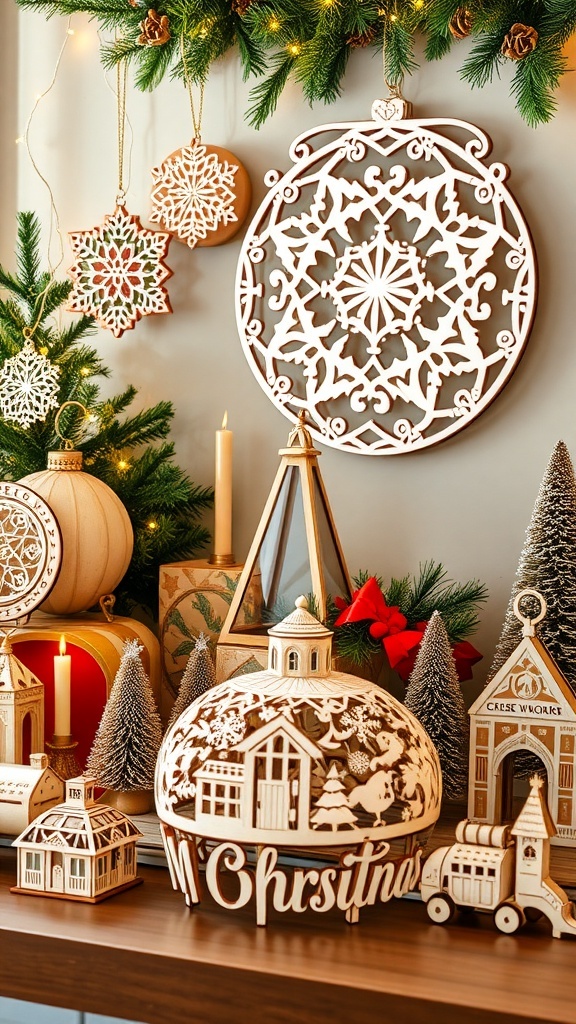 A collection of laser cut Christmas decor featuring ornaments, centerpieces, and wall art in a festive setting.